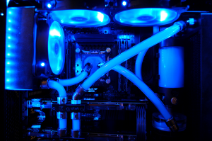The custom water cooling loop in our Intel Extreme Rig.